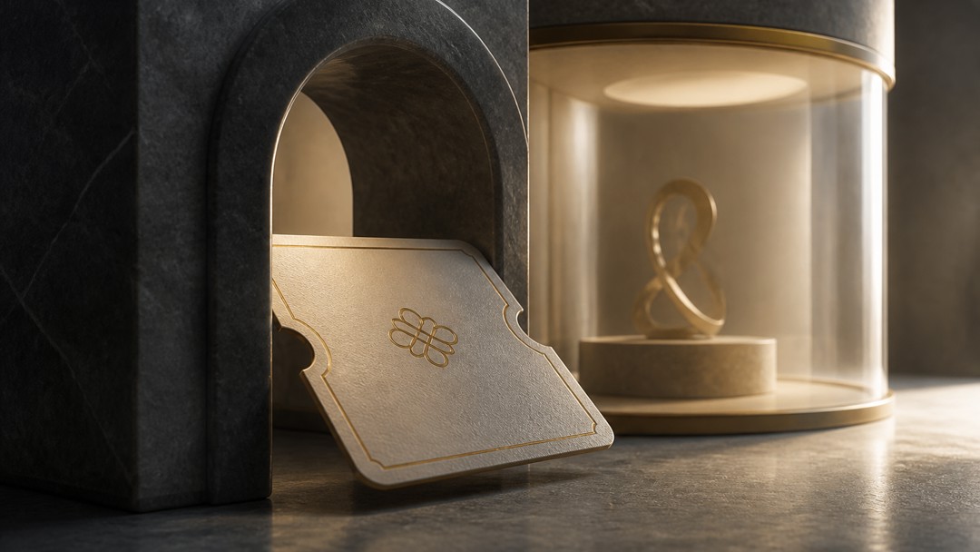 A sculptural ticket passing through a stone archway into a softly lit chamber, symbolizing smooth PPV access and replay value.