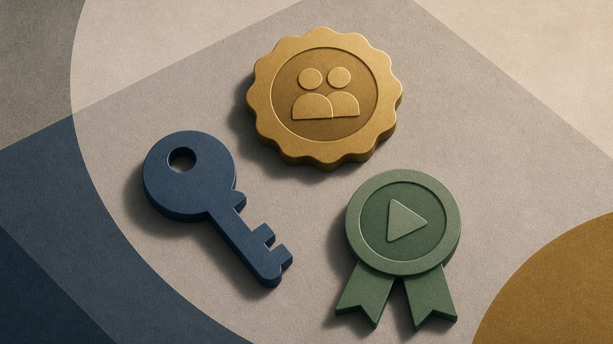 A top-down editorial illustration showing promo-code strategy as three symbolic tokens for early access, partners, and loyal viewers.
