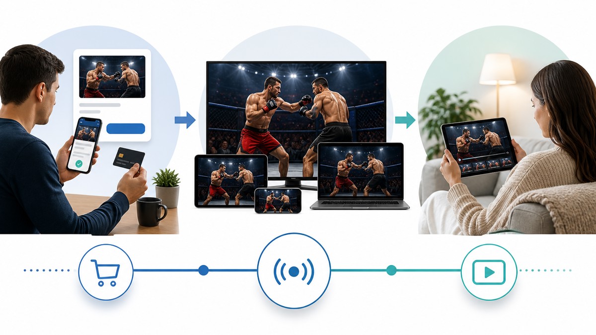 Illustration of the PPV viewing journey from purchase to live stream to replay.