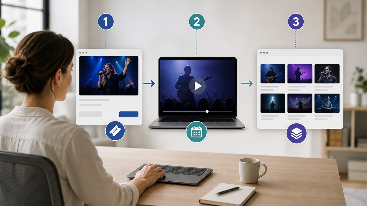 A visual workflow for live purchase, replay access, and premium content.