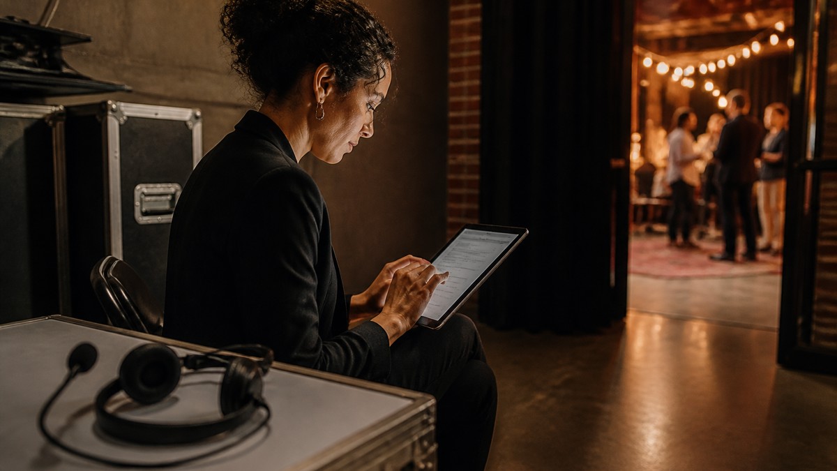 A support team member reviews a customer access note before the event begins.