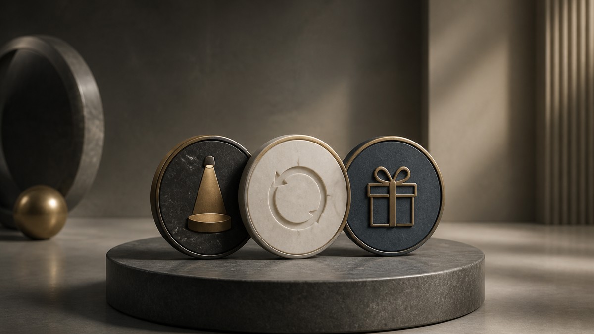 Three distinct access tokens on a pedestal representing live access, replay, and bonus content.
